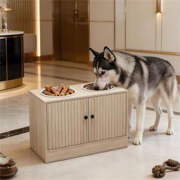 Elevated dog bowl with storage cabinet, oak