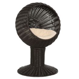 Elevated Cat Bed with Rotatable Egg Chair Pod, Cat Basket Bed with Thick Cushion, Natural Mat Grass Woven Kitty House, Coffee (Option: Coffee-450x430x440 mm)