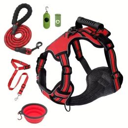 Tactical Service Dog Harness Strap Set, Car Seat Belt, Collapsible Bowl, Biodegradable Trash Bag Set For Dogs (Option: Red-XS)