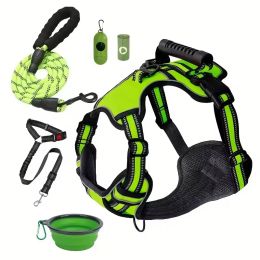 Tactical Service Dog Harness Strap Set, Car Seat Belt, Collapsible Bowl, Biodegradable Trash Bag Set For Dogs (Option: Green-XL)