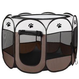 Portable Foldable Pet Playpen Exercise Pen Kennel Removable Zipper Top and Bottom Water Resistant Indoor Outdoor Use For Dogs Cats Other Pets (Color: coffee)