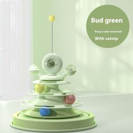 4 Levels Cat Toy Tower Turntable Roller Balls Toys Interactive Intelligence Pets Toys Training Track Puzzle Funny Games Accessories Pet Products (Option: Budding Green Table Tennis-OPP Bag Packaging)